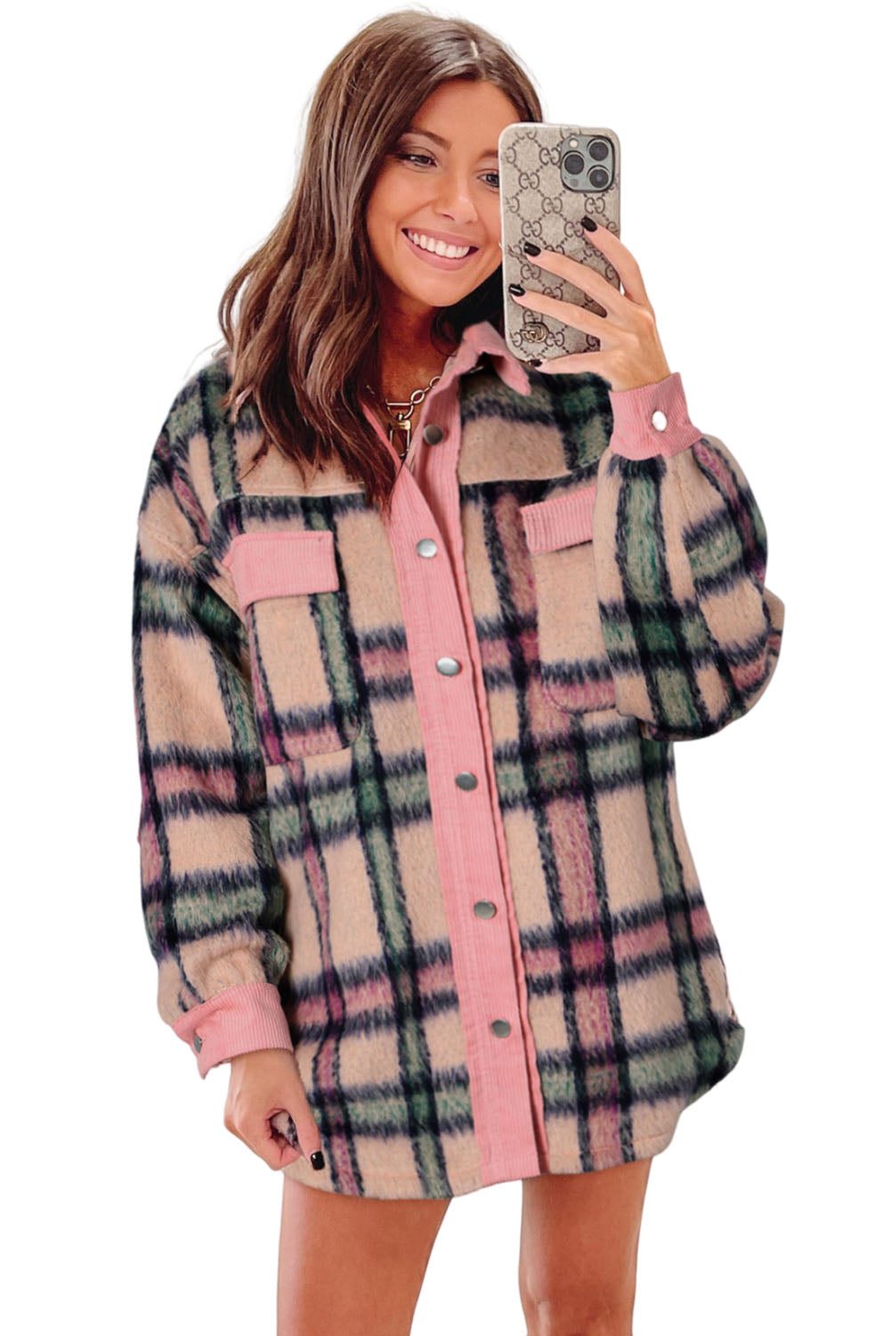 Fuzzy Plaid Corduroy Patchwork Shacket