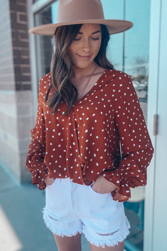 Surplice V Neck Dotted Pattern Ruffle Sleeve Blouse