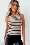 Striped Print Ribbed O-neck Sleeveless Top