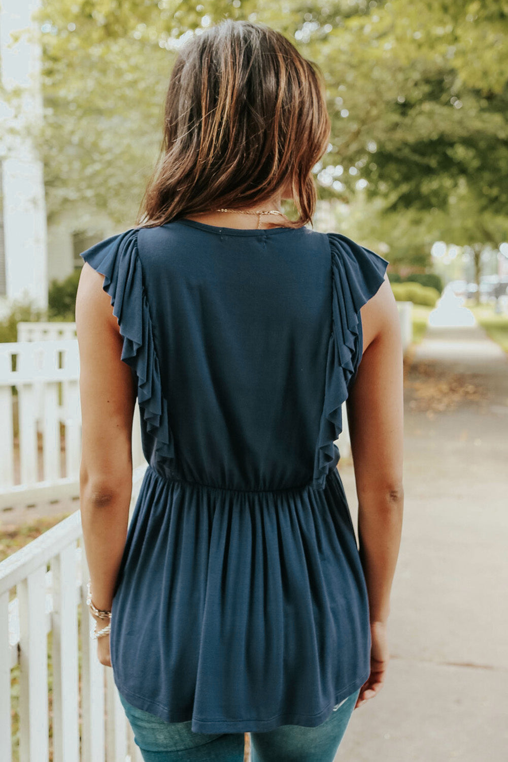 Ruched Flounce V Neck Sleeveless Peplum Top