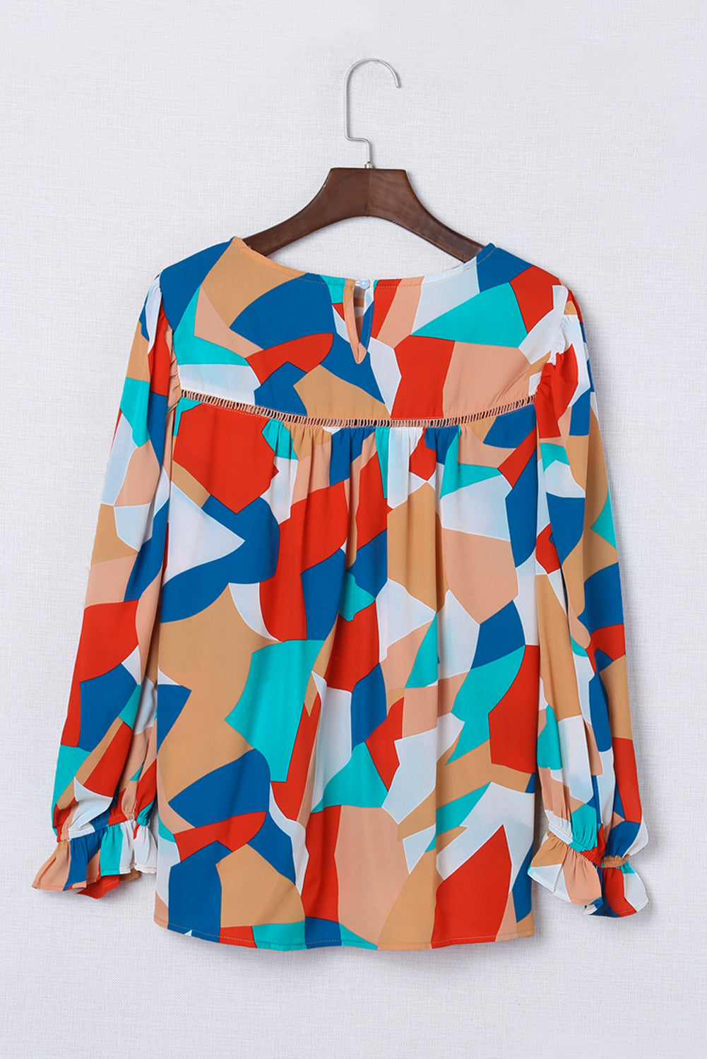 Abstract Pattern Crewneck Ruffled Puff Sleeve Blouse