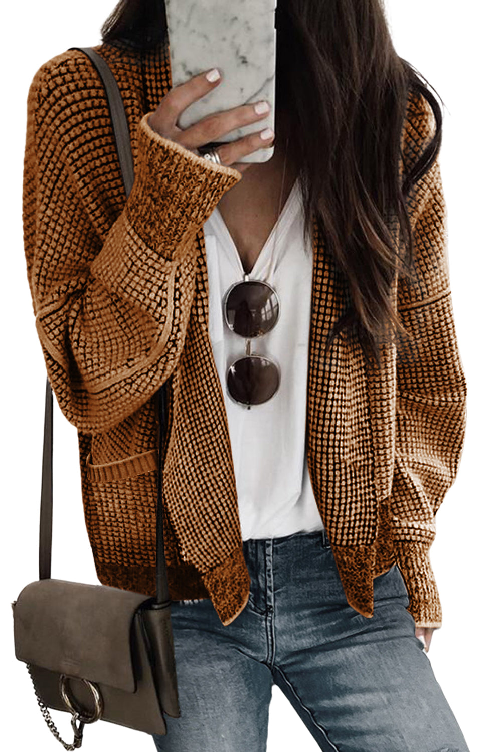 Black Chunky Waffle Knit Oversized Collar Cardigan