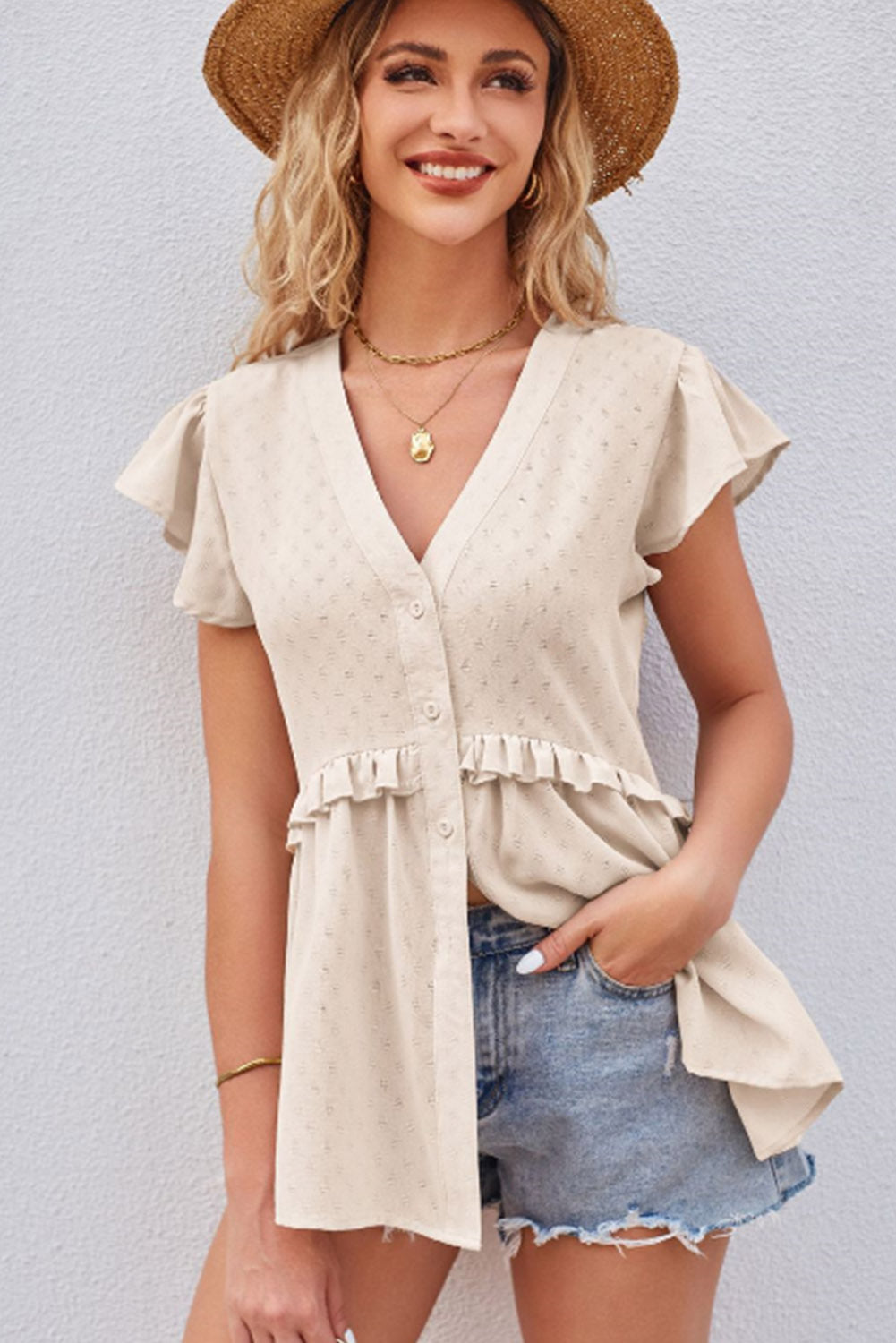 V-Neck Ruffled Sleeve Buttoned Frilled Blouse