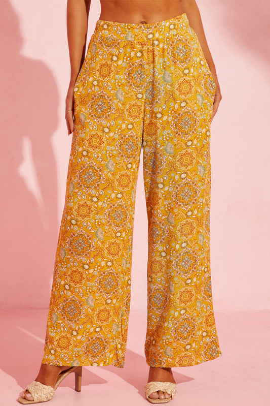 Pantalon large à poches et imprimé floral bohème jaune 