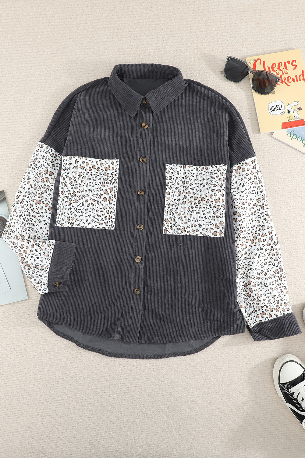 Leopard Patchwork Corduroy Buttoned Shirt Jacket