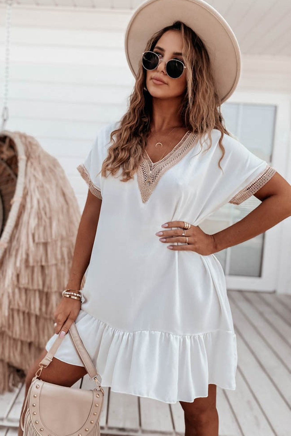 White Contrast Guipure Lace Cold Shoulder Tee