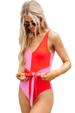 V Neck Colorblock Waist Tie One-Piece Swimsuit