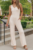 Sleeveless Buttoned Ribbed Wide Leg Jumpsuit with Pockets