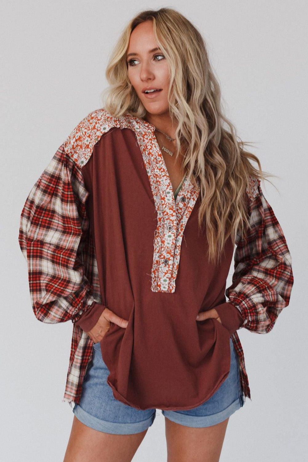 Red Floral Plaid Mixed Print Bishop Sleeve Patchwork Top