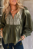 Embroidered Split Neck Pleated Loose Blouse