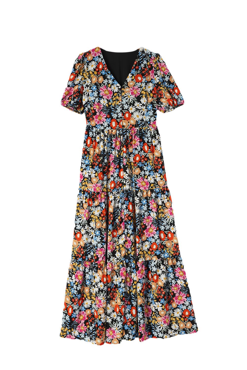 Short Sleeve Boho Floral Pattern Tiered Maxi Dress