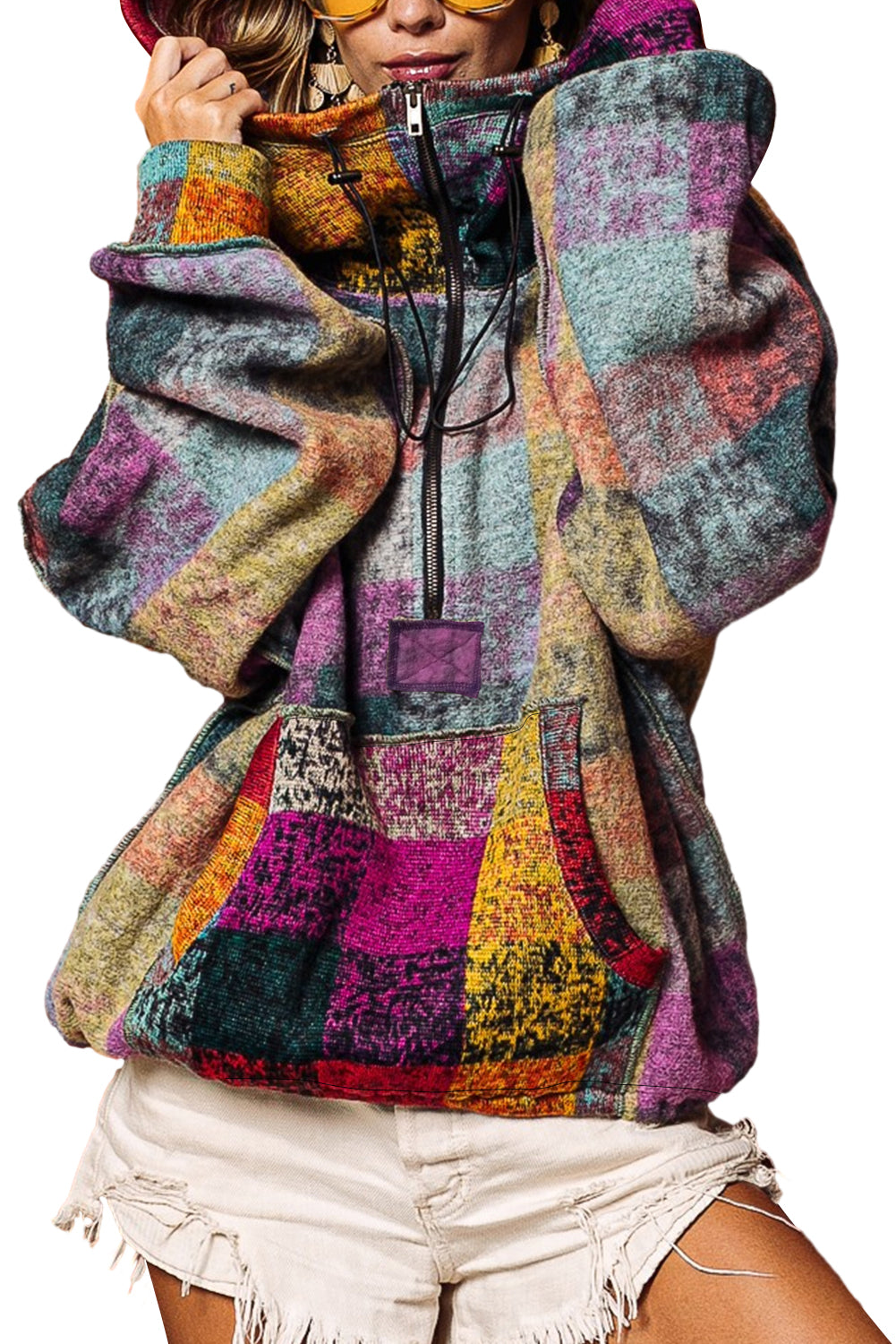 Veste longue surdimensionnée à poches et carreaux brossés multicolores