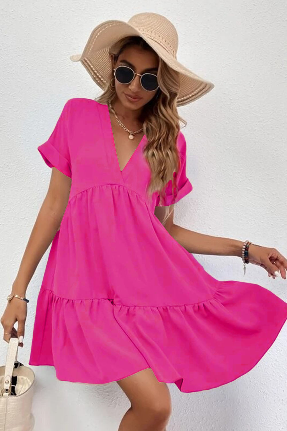 Fresh and sweet V-neck solid color large swing casual skirt dress