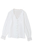 White Lace Crochet Trim Deep V Neck Textured Blouse