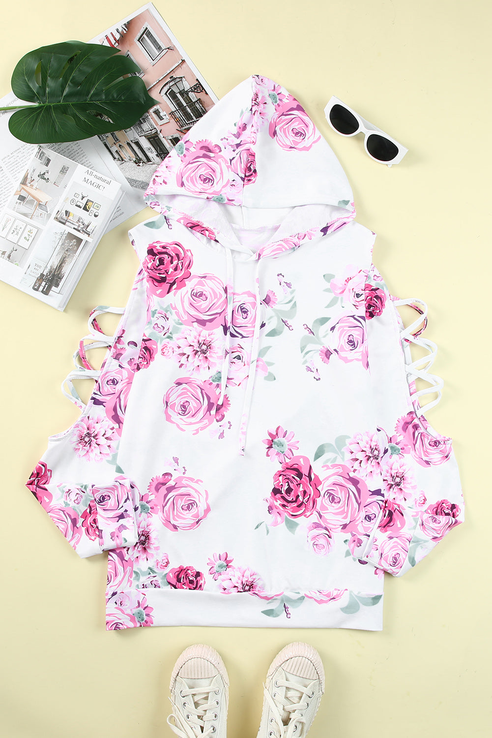 Floral Print Criss-Cross Cold Shoulder Hoodie