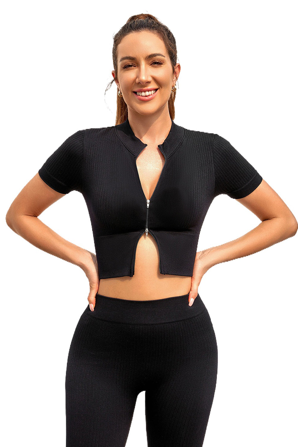 Zipped Front Short Sleeve Sports Crop Top