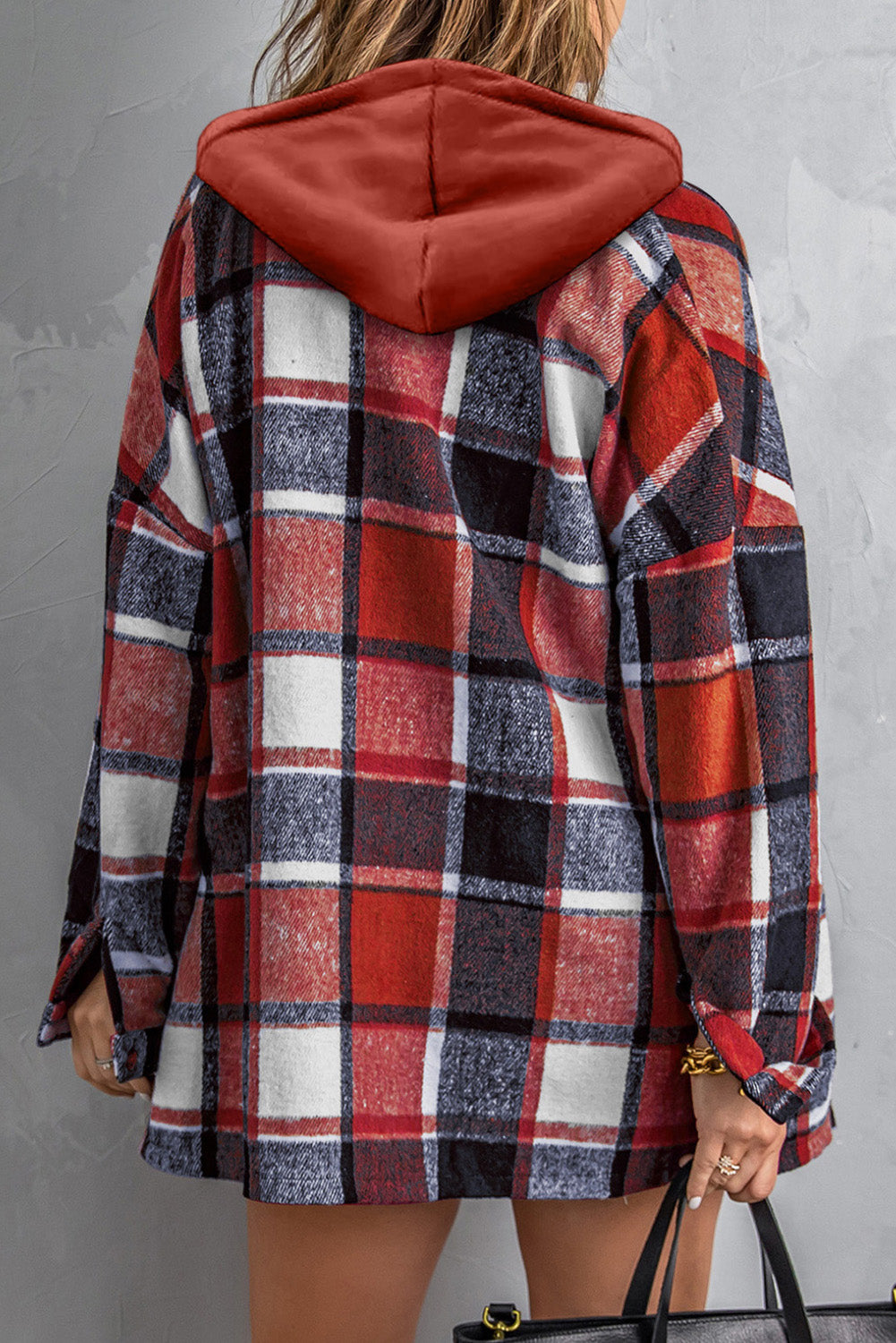 Orange Hooded Plaid Button Front Shacket