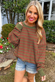 Pink Stripe Trimmed Round Neck Drop Shoulder Loose Sweater