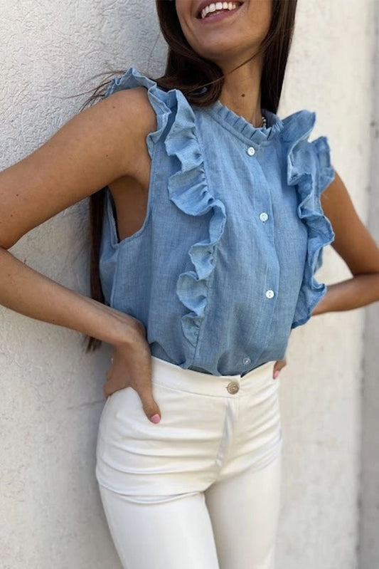 Chemise sans manches légère et douce à volants bleu ciel