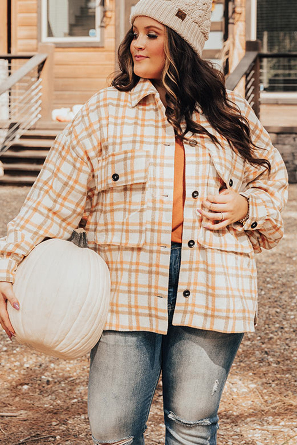 Plus Size Plaid Jacket with Flap Pockets