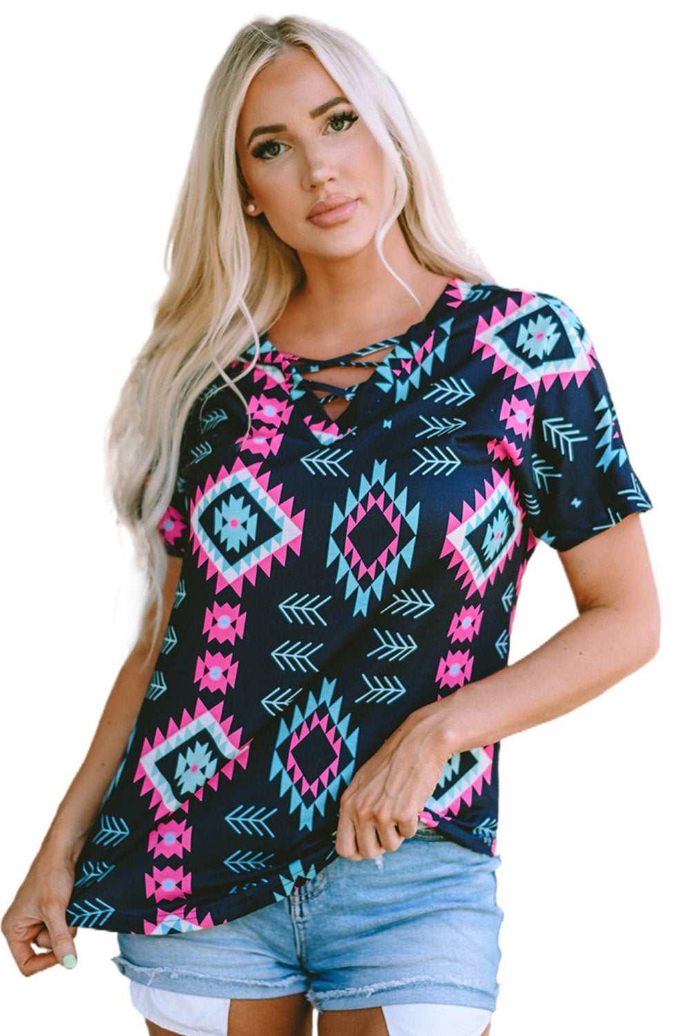 Western Fashion Aztec Print Crisscross V Neck Top