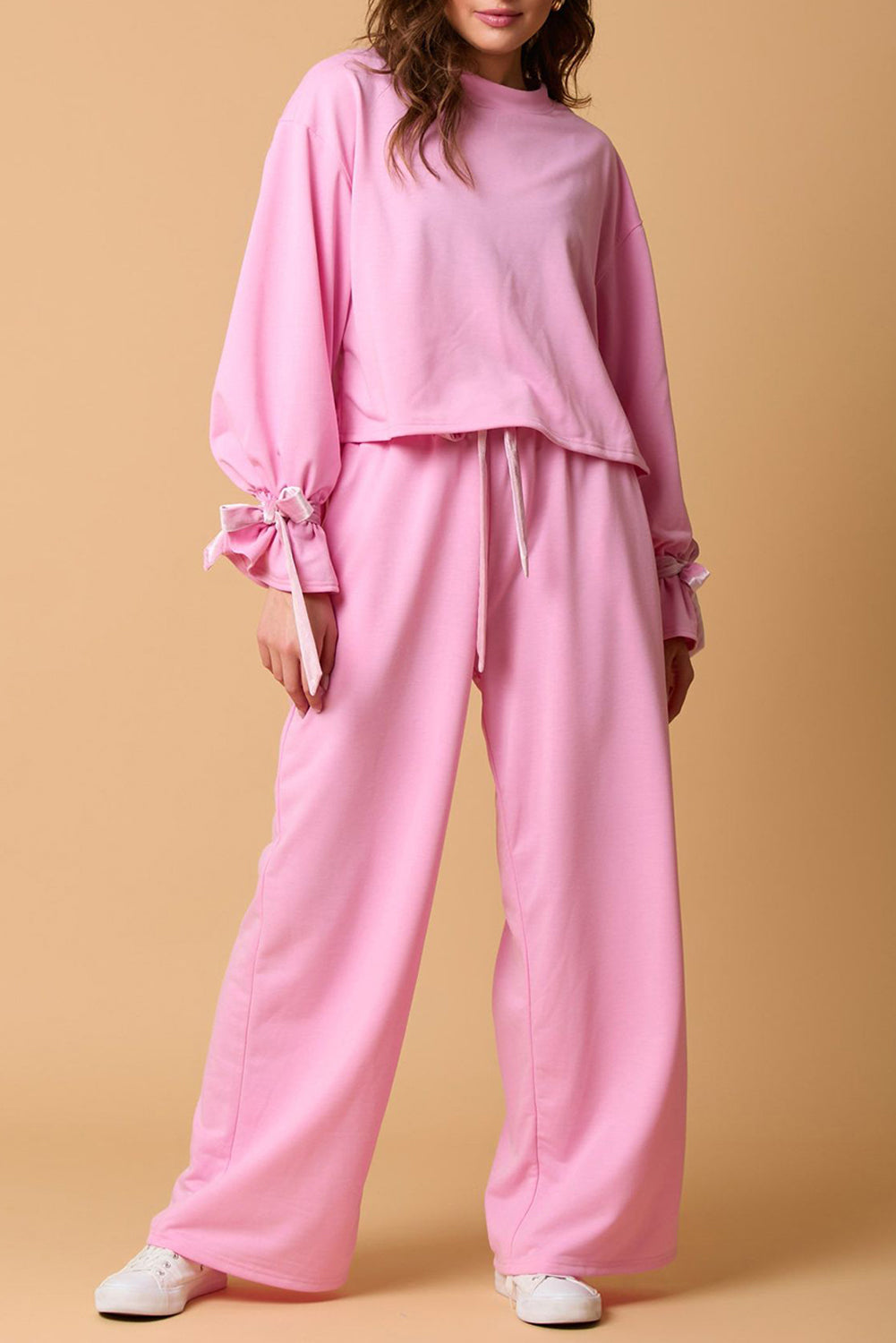 Bonbon Solid Color Drawstring Long Sleeve Top and Pants Set