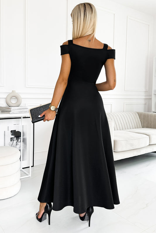 Cold Shoulder Ruched V Neck High Slit Dress