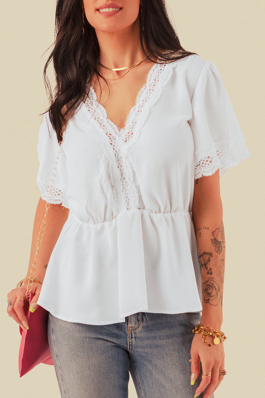 Lace Splicing V Neck Short Sleeve Blouse