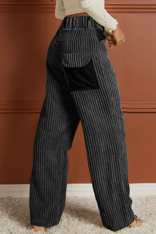 Contrast Patched Pocket Corduroy Wide Leg Pants