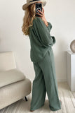 Green Crinkle Split Neck Top Loose Drawstring Pants Set