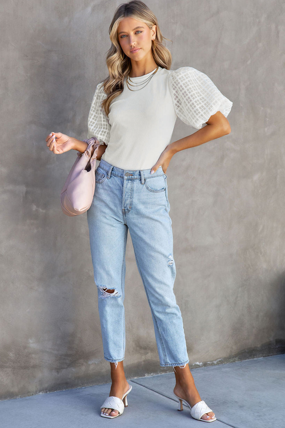 Checkered Puff Sleeve Ribbed Knit Top