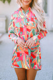 Abstract Geometry Print Half Puff Sleeve Loose Shirt