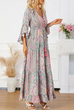 Green Paisley Printed Ruffle Trim Elegant Maxi Dress