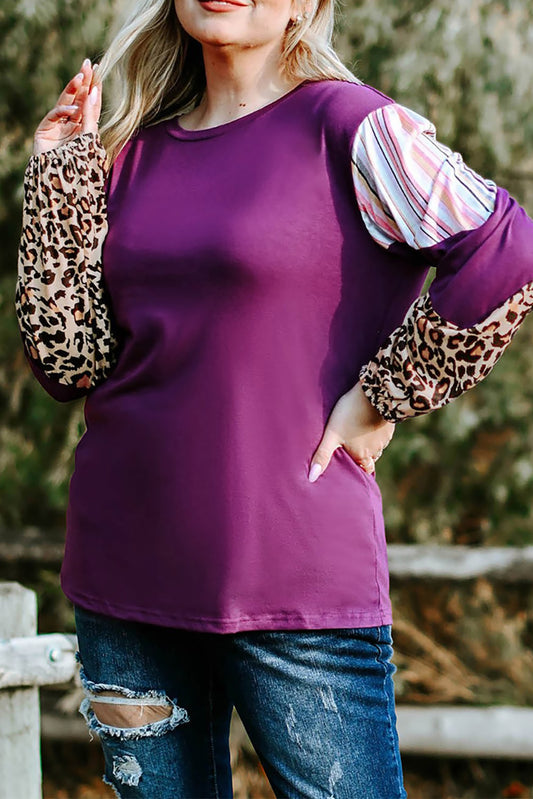 Leopard Striped Color Block Plus Size Top