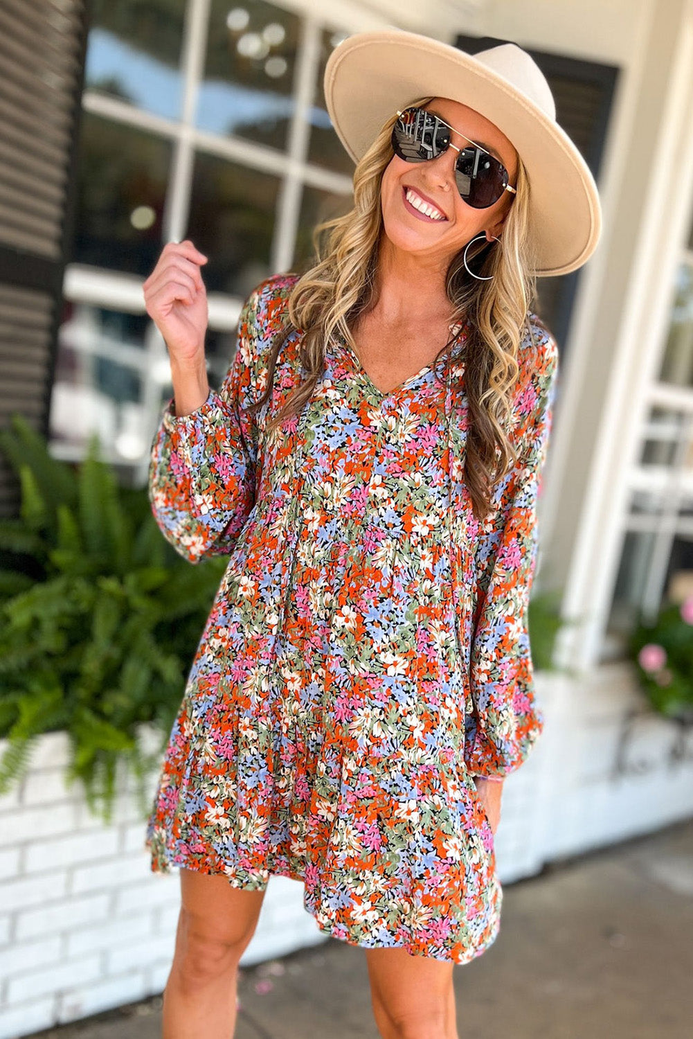 Floral Neck Tie Long Sleeve Flared Dress