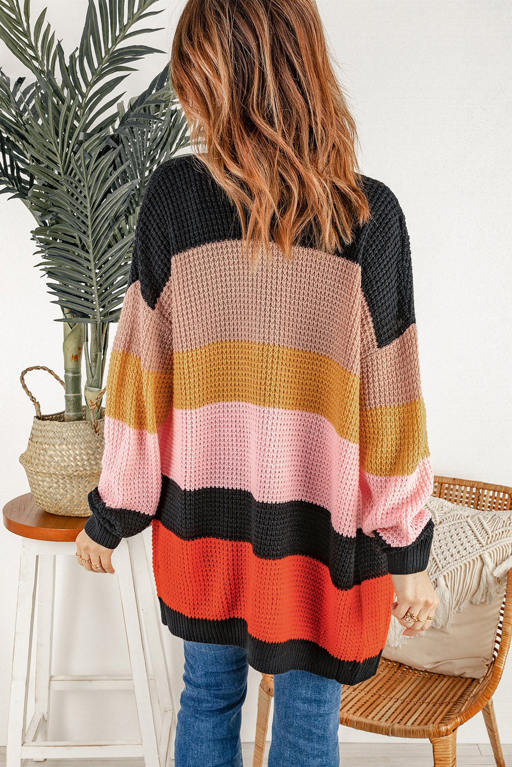 Waffle Knit Color Block Open Front Cardigan