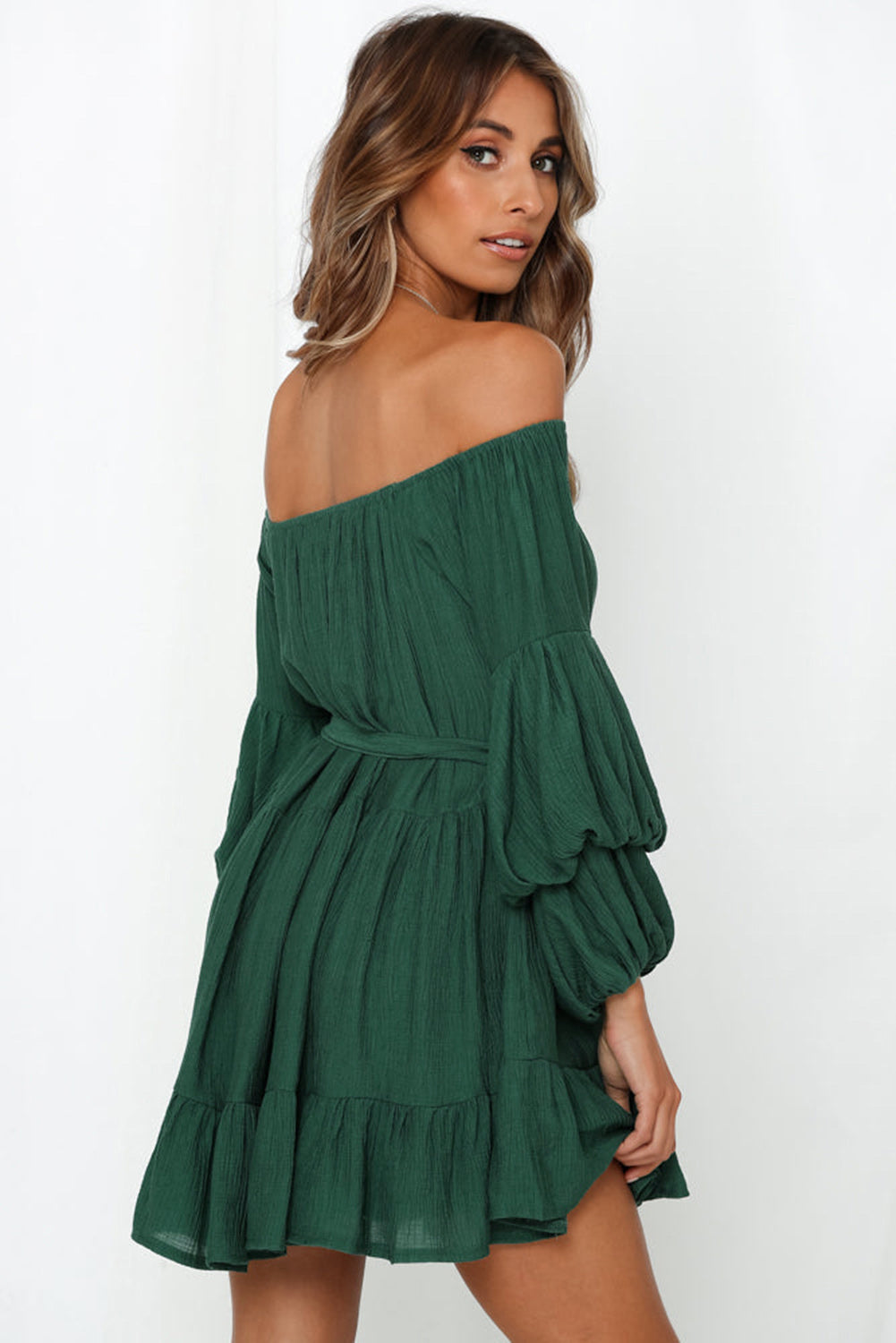 Off-Shoulder Tiered Bubble Sleeve Ruffled Dress