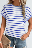 Sky Blue Stripe Knitted Bat Sleeve T Shirt