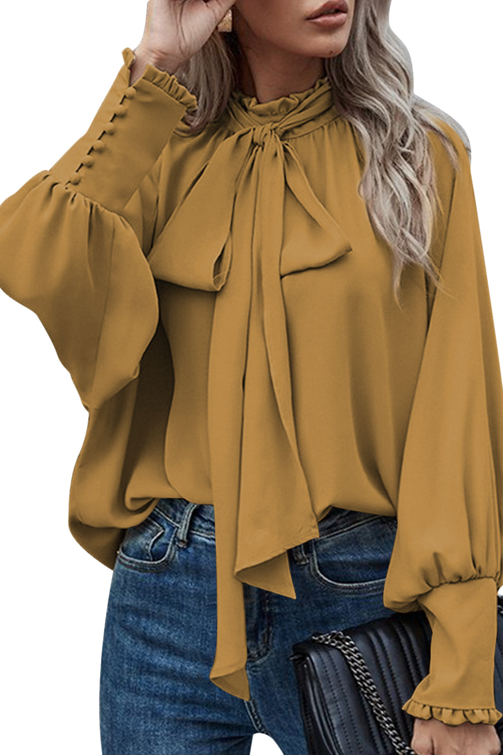 Khaki Frilled Knotted Mock Neck Bishop Sleeve Blouse