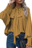 Khaki Frilled Knotted Mock Neck Bishop Sleeve Blouse