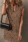 Khaki Leopard Print V Neck Sleeveless Collared Mini Dress