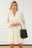 Apricot V Striped Sheer Puff Sleeve Surplice Knot Mini Dress