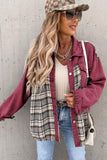 Brown Plaid Patchwork Pockets Denim Jacket