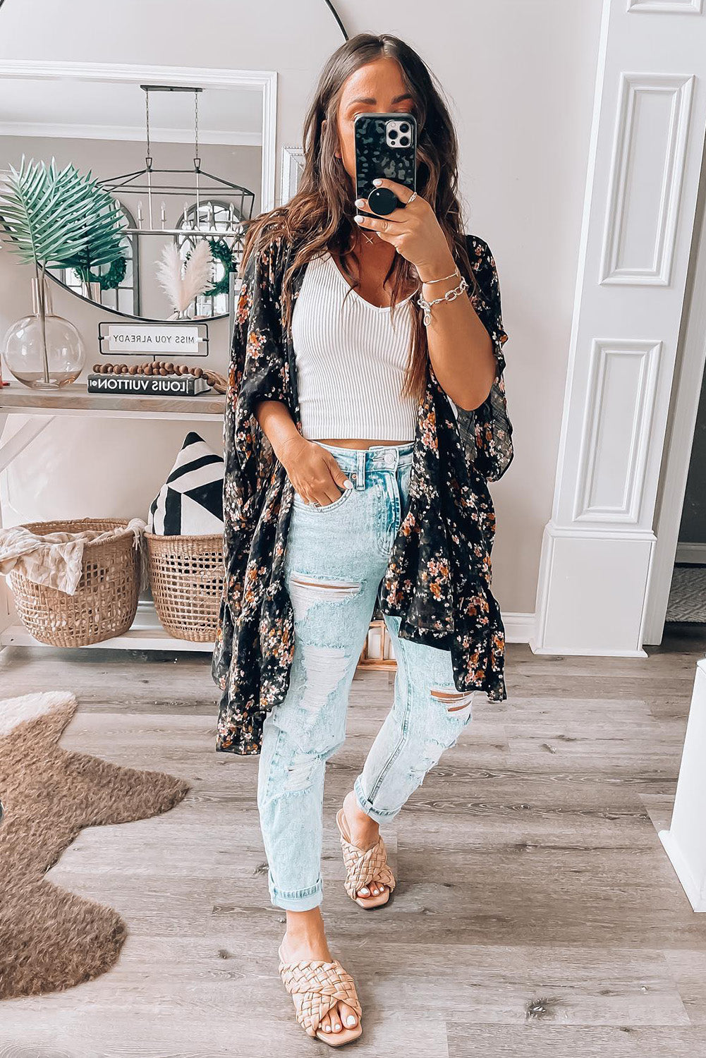 Dainty Floral Print Flowy Kimono