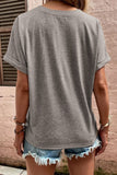 Button V Neck Rolled Sleeve T Shirt