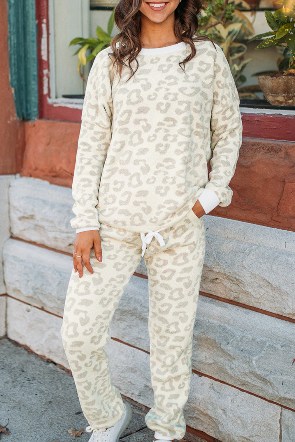 White Leopard Pullover and Drawstring Pants Lounge Set