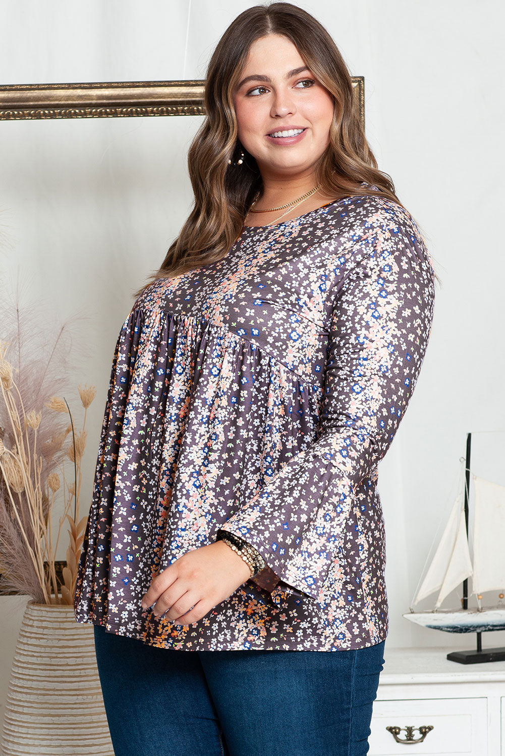 Floral Print Round Neck Plus Size Babydoll Blouse