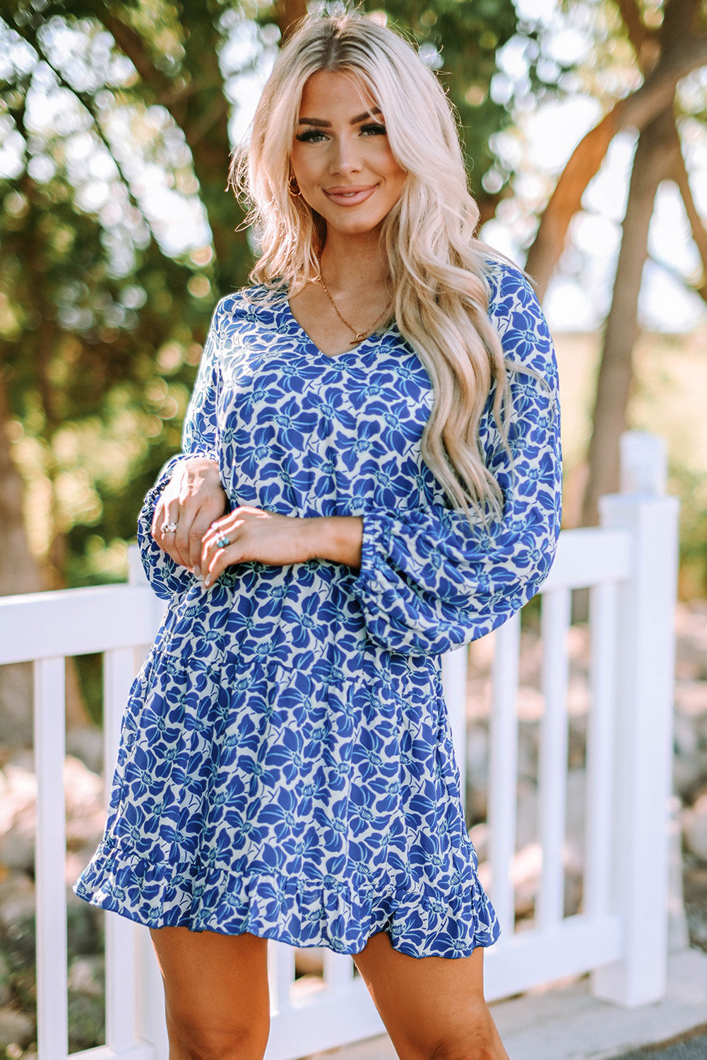 Sky Blue/Blue/Apricot V Neck Lantern Sleeves Floral Tunic Dress