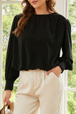 Padded Shoulder Buttoned Cuffs Pleated Loose Blouse