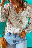 Green Floral Print V Neck Long Puff Sleeve Top